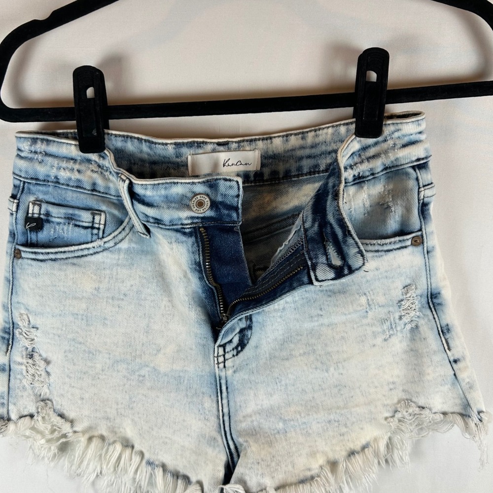 Kancan Womens Denim Shorts Acid Wash Frayed Hem‎ Distressed Blue Size M - Picture 9 of 12